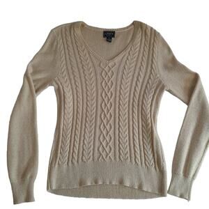Chaps Cream & Gold V Neck Cable Knit Sweater M Classic Chic Preppy Academia